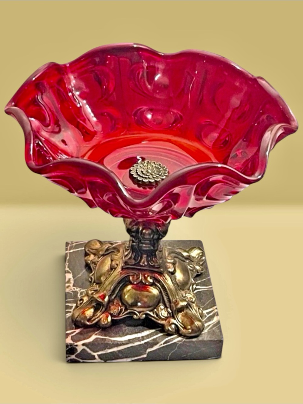 VTG Italian Brass Marble Ruby Red Cranberry Glass Ruffled Pedestal Bowl Compote